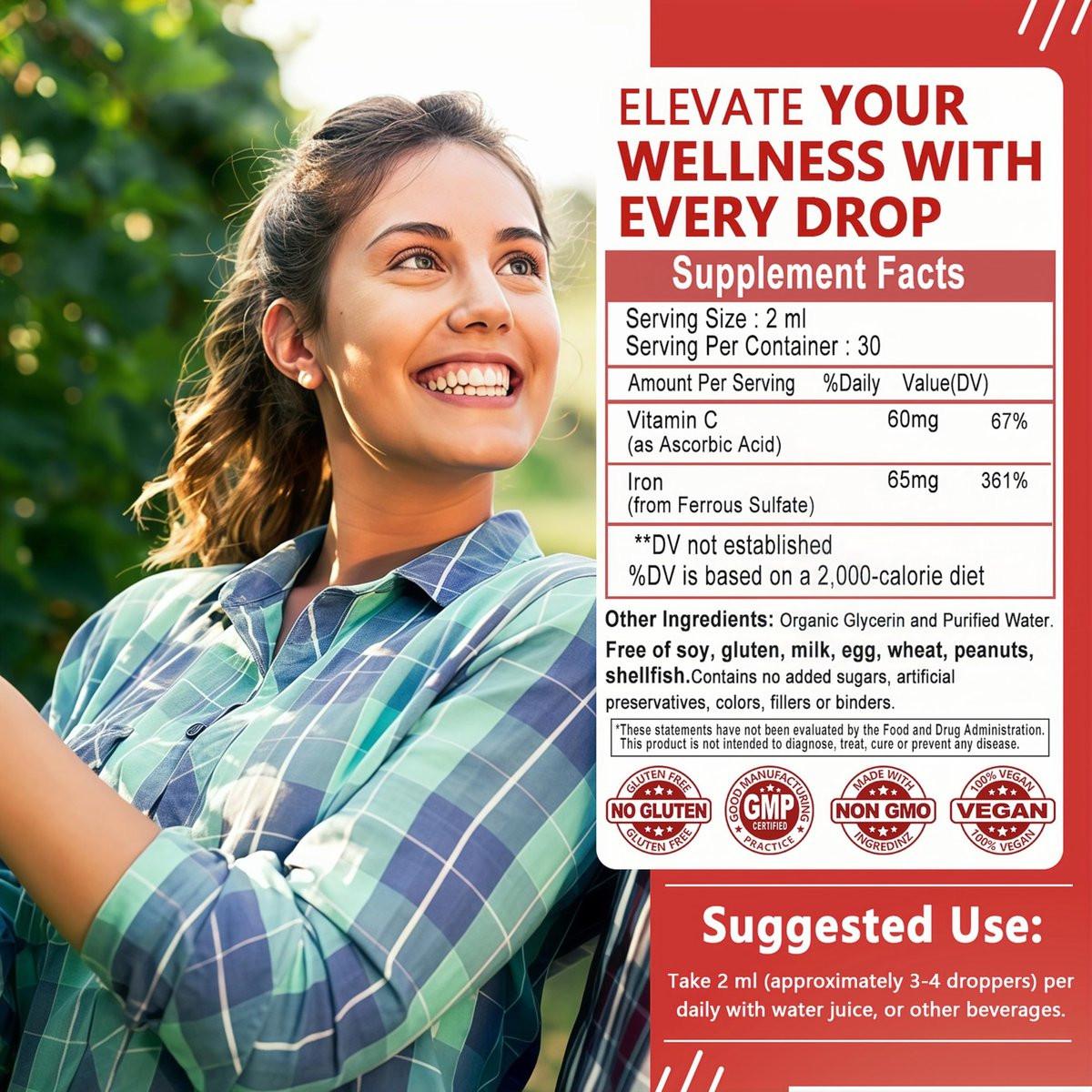 Iron Supplement Liquid Drops, High Absorption Iron Supplement for Women 65 mg, Liquid Iron for Red Blood Cell Support*, Vegan Essential Mineral Iron Drops with Vitamin C, Non-GMO, 30 Servings - görsel 13