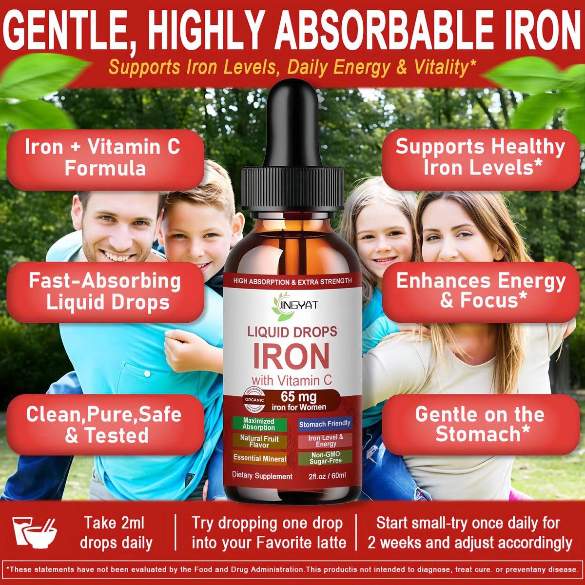 Iron Supplement Liquid Drops, High Absorption Iron Supplement for Women 65 mg, Liquid Iron for Red Blood Cell Support*, Vegan Essential Mineral Iron Drops with Vitamin C, Non-GMO, 30 Servings - görsel 5