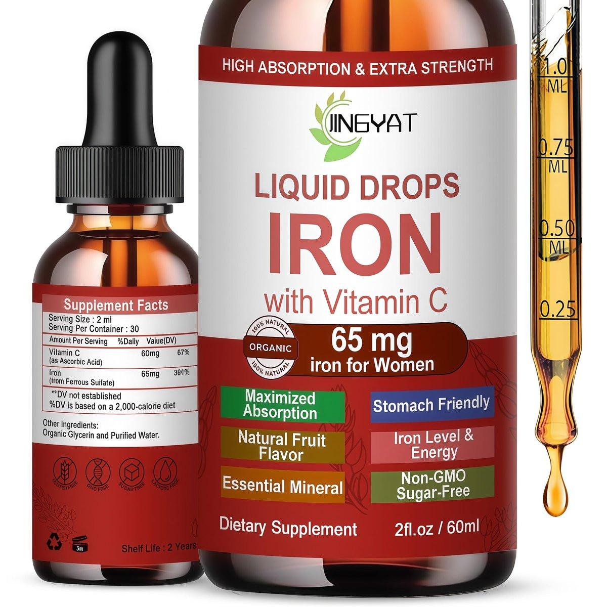 Iron Supplement Liquid Drops, High Absorption Iron Supplement for Women 65 mg, Liquid Iron for Red Blood Cell Support*, Vegan Essential Mineral Iron Drops with Vitamin C, Non-GMO, 30 Servings - görsel 1