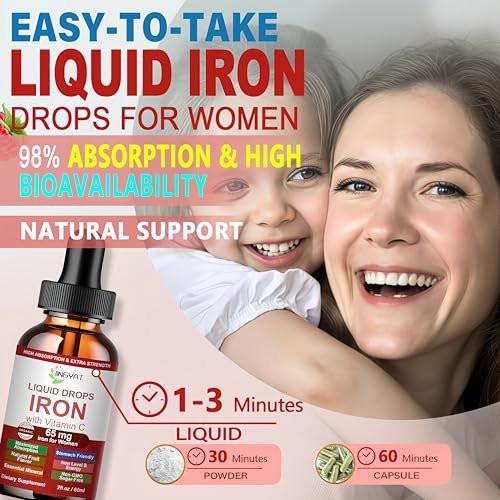 Iron Supplement Liquid Drops, High Absorption Iron Supplement for Women 65 mg, Liquid Iron for Red Blood Cell Support*, Vegan Essential Mineral Iron Drops with Vitamin C, Non-GMO, 30 Servings - görsel 8