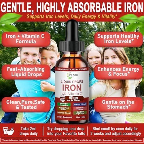 Iron Supplement Liquid Drops, High Absorption Iron Supplement for Women 65 mg, Liquid Iron for Red Blood Cell Support*, Vegan Essential Mineral Iron Drops with Vitamin C, Non-GMO, 30 Servings - görsel 6