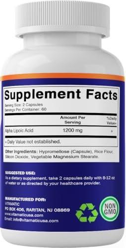 Vitamatic Alpha Lipoic Acid 1200mg Per Serving, 120 Capsules - Gluten Free, Vegetarian Capsules, Soy Free & Non-GMO