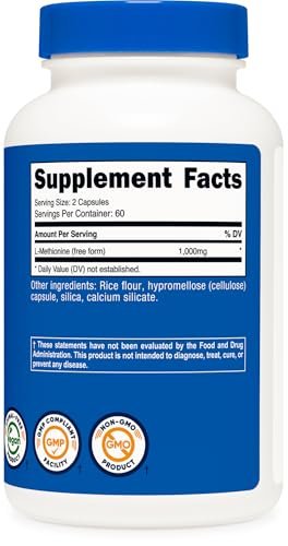 Nutricost L-Methionine (1,000 mg) 120 Capsules - 60 Servings, Gluten-Free, GMO-Free - görsel 9