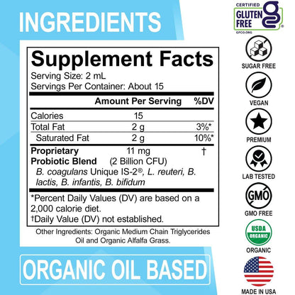 Kids Probiotic Liquid Drops Organic - Organic Probiotics for Kids Probiotics Age 4+, Digestive Health, Immune Support, Flora Gut Health Supplements - Vegan Kid Liquid Probiotic Drops, Non-GMO 1 Fl Oz