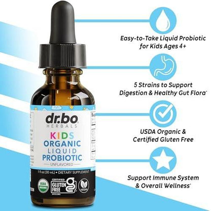 Kids Probiotic Liquid Drops Organic - Organic Probiotics for Kids Probiotics Age 4+, Digestive Health, Immune Support, Flora Gut Health Supplements - Vegan Kid Liquid Probiotic Drops, Non-GMO 1 Fl Oz