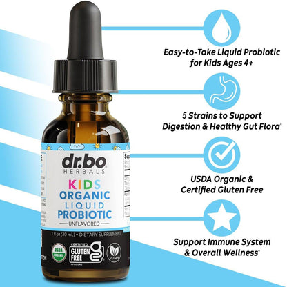 Kids Probiotic Liquid Drops Organic - Organic Probiotics for Kids Probiotics Age 4+, Digestive Health, Immune Support, Flora Gut Health Supplements - Vegan Kid Liquid Probiotic Drops, Non-GMO 1 Fl Oz