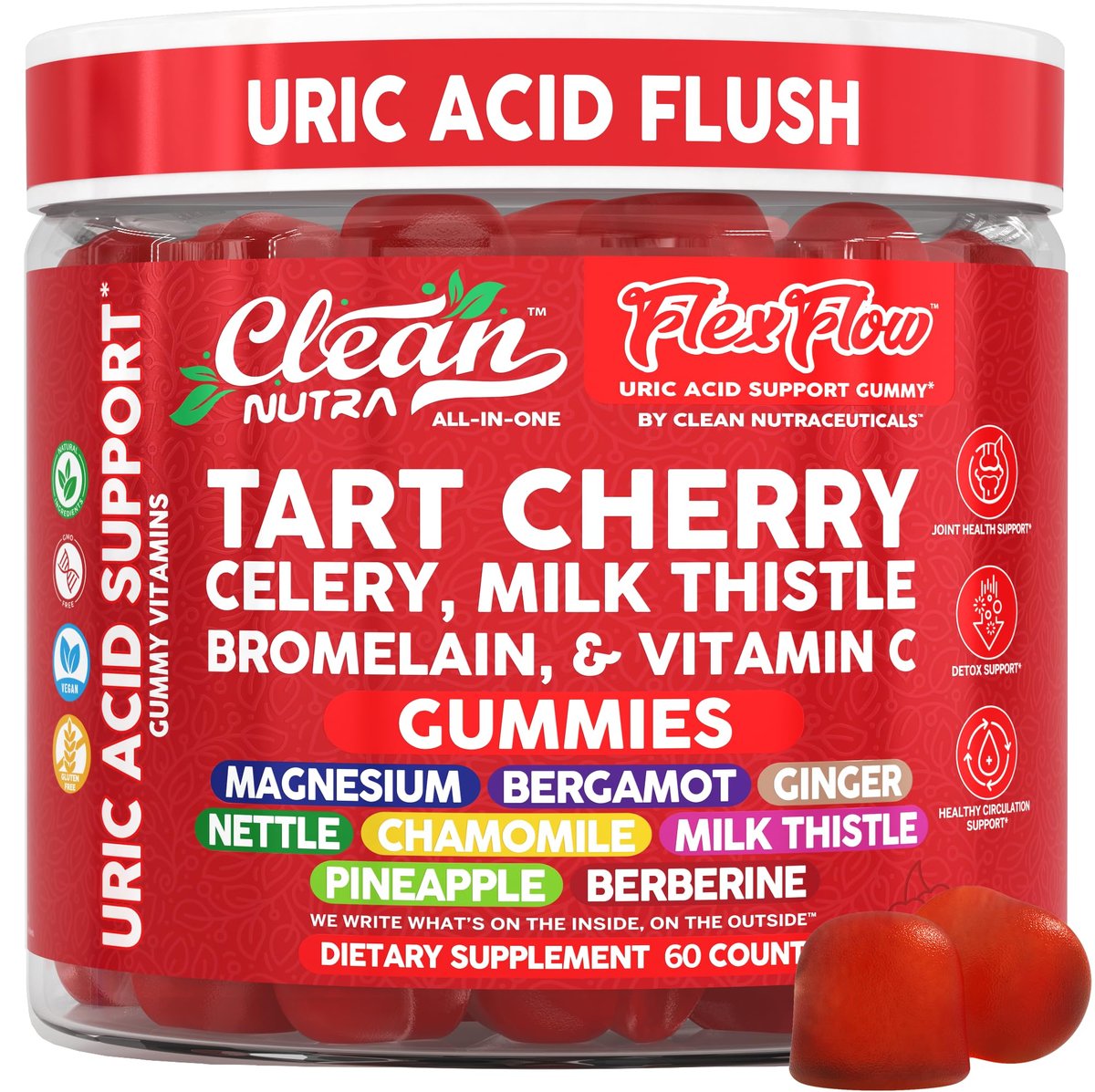 Clean Nutra Tart Cherry Gummies Uric Acid Flush Celery Milk Thistle Bromelain Vitamin C Magnesium Citrus Bergamot Ginger Stinging Nettle Leaf Chamomile Berberine Quercetin Support 60 Gummy Vitamins - görsel 10