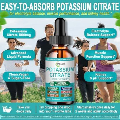 Potassium Supplement Liquid Drops, High Absorption Potassium Citrate 1000mg for Muscle Heart Electrolyte Balance and Normal pH Support*, Essential Mineral Drops, Non-GMO, 30 Servings