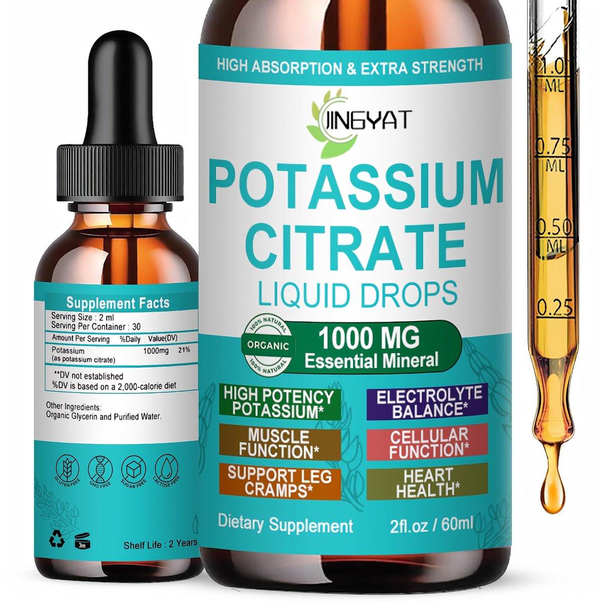 Potassium Supplement Liquid Drops, High Absorption Potassium Citrate 1000mg for Muscle Heart Electrolyte Balance and Normal pH Support*, Essential Mineral Drops, Non-GMO, 30 Servings - görsel 1