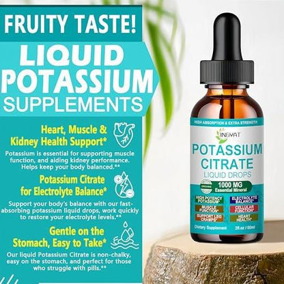 Potassium Supplement Liquid Drops, High Absorption Potassium Citrate 1000mg for Muscle Heart Electrolyte Balance and Normal pH Support*, Essential Mineral Drops, Non-GMO, 30 Servings