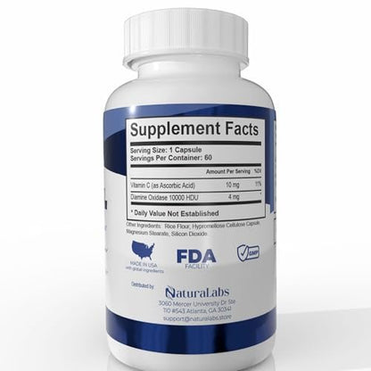 NATURALABS DAO Supplements Histamine Blocker – DAO Enzyme + Diamine Oxidase & Vitamin C for Gut Health & Food Support – 60 Servings - 1 Capsule Before Meals for Histamine Intolerance