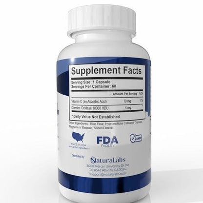 NATURALABS DAO Supplements Histamine Blocker – DAO Enzyme + Diamine Oxidase & Vitamin C for Gut Health & Food Support – 60 Servings - 1 Capsule Before Meals for Histamine Intolerance