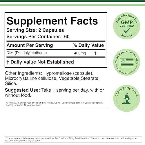DIM Supplement for Women and Men (Diindolylmethane Estrogen Blocking Supplement, Hormonal Acne Treatment, Hormone Balance for Women) 400mg Servings, 200mg Per Capsule, 120 Capsules by Double Wood - görsel 3
