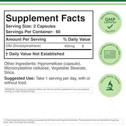 DIM Supplement for Women and Men (Diindolylmethane Estrogen Blocking Supplement, Hormonal Acne Treatment, Hormone Balance for Women) 400mg Servings, 200mg Per Capsule, 120 Capsules by Double Wood