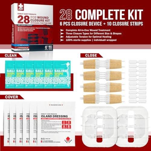EVERLIT CARE Wound Closure Kit | 28 Pcs All-in-One First Aid with Suture-Free, Stitchless Zip Devices, Butterfly Bandages, for up to 6" Wounds | 100% Sterile Medical Supplies to Clean, Cover & Heal - görsel 3
