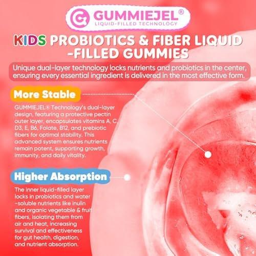 Kids Probiotic + Prebiotic Fiber Gummies 5G, 12 Billion CFU Probiotic & Veggie Fruit Fiber, w/ Organic Inulin, Methyl B12 B6 D3 C, Lutein for Children's Digestive & Gut, Immune Health, Sugar Free, 60 Ct - görsel 13