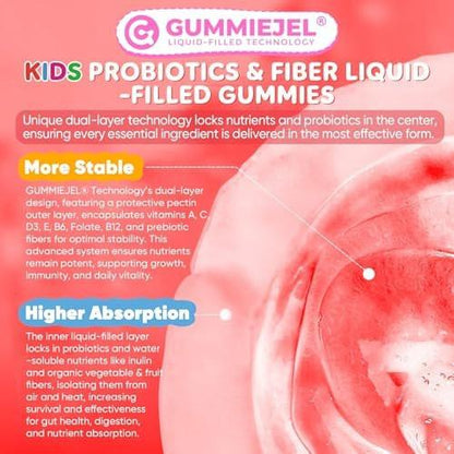 Kids Probiotic + Prebiotic Fiber Gummies 5G, 12 Billion CFU Probiotic & Veggie Fruit Fiber, w/ Organic Inulin, Methyl B12 B6 D3 C, Lutein for Children's Digestive & Gut, Immune Health, Sugar Free, 60 Ct