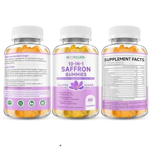MOORGUMY Saffron Gummies for Adult Kids, 10-IN-1 Cortisol Support Supplement with Saffron 88.5mg, Vitamin D3, B6, Magnesium, Zinc, Ashwagandha, L-Theanine, St. John's Wort, For Emotions, Slumber, 60 Count - görsel 12