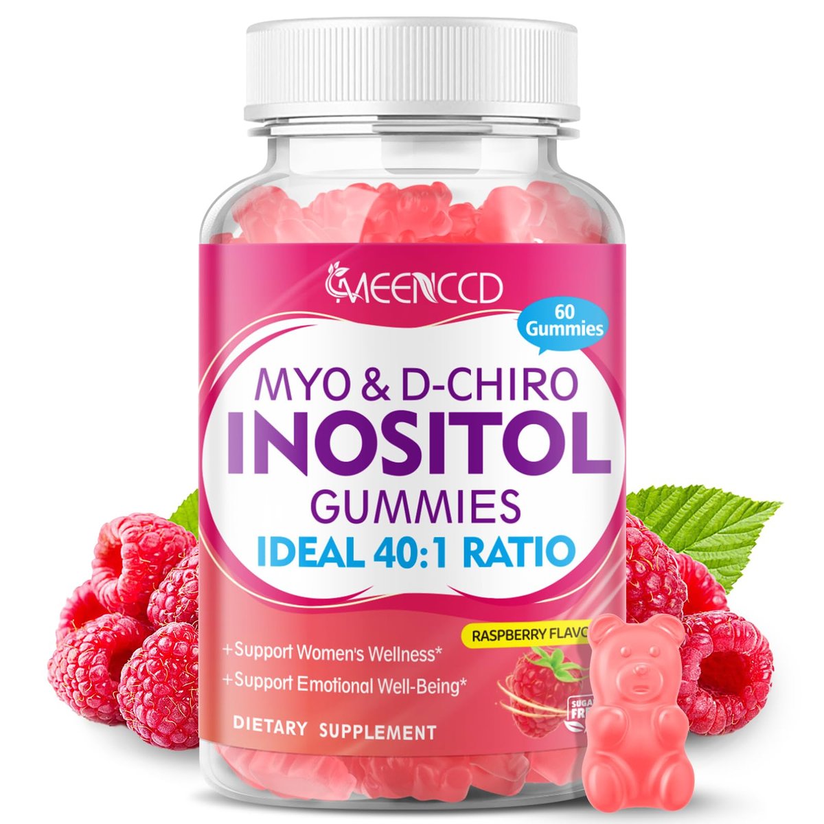 MEENCCD Myo-Inositol & D-Chiro Inositol Gummies, 40:1 Ratio Inositol with Vitamin D3, Magnesium Glycinate, Folate & Zinc, Inositol Supplement for Female Health, Raspberry Flavor, 60 Count - görsel 4