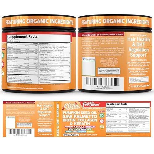 Clean Nutra Pumpkin Seed Oil Capsules + Saw Palmetto Biotin Collagen Keratin MSM Folate Hyaluronic Acid Supplements B12 Zinc Hair Supplement for Women Men Iodine 5-MTHF B-12 Vitamin B9-60 Pills - görsel 3