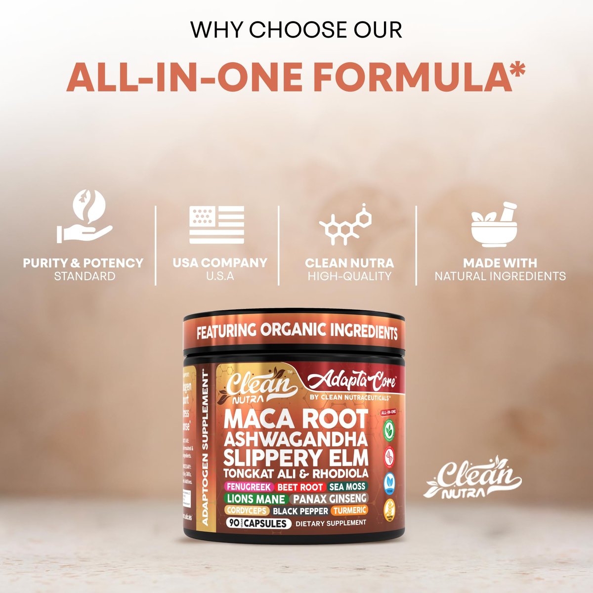 Clean Nutra Organic Maca Root Capsules for Women + Ashwagandha Slippery Elm Tongkat Ali Rhodiola Rosea Fenugreek Beet Root Sea Moss Ginseng Black Yellow Red Maca Powder Supplement 90 Pills - görsel 6