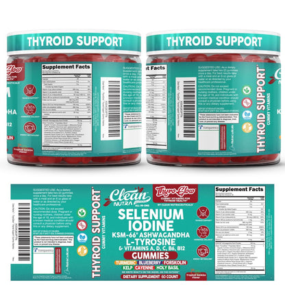 ThyroGlow Thyroid Support Gummies - Selenium, Iodine, KSM-66 Ashwagandha, L-Tyrosine, Vitamin D, C, B12, B6, Turmeric, Blueberry, Holy Basil, Folate, Bladderwrack - 60 Count by Clean Nutra