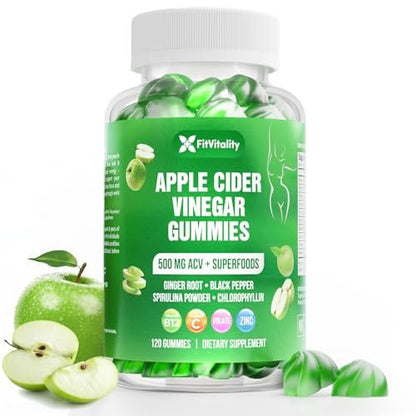 FitVitality 120 Premium Apple Cider Vinegar (ACV) Gummies with Vitamin B12, Zinc, Ginger & Vitamin C - Vegan, Gluten Free, Non GMO