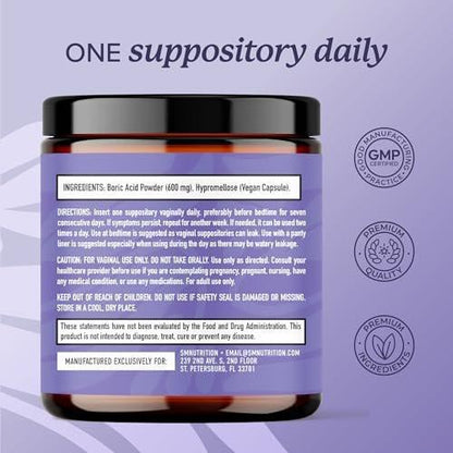Boric Acid Suppositories for Women 600mg | pH Balance, Vaginal Odor & Itching | Feminine Hygiene & Intimate Health Support | Unscented, Vegan | 30 Ct