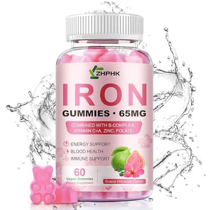 Iron Gummies Vitamin Supplement 65mg & Vitamin C 250mg per Serving with B6 B12 Folate - Energy Support for Iron Deficiency, Anemia, Vegan Guava Hibiscus Flavor, 60 Count