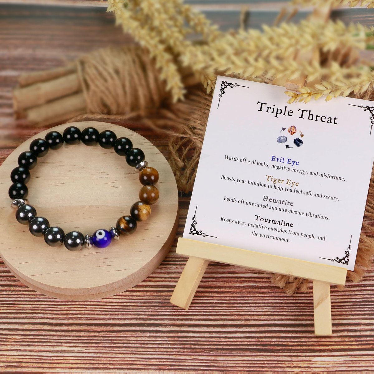 SmileBelle Triple Protection Bracelet for Men – Black Tourmaline Beaded Bracelet as Father's Day Gift, Evil Eye Jewelry, Hematite Tiger Eye Crystal Bracelet for Brother - görsel 8