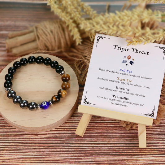 SmileBelle Triple Protection Bracelet for Men – Black Tourmaline Beaded Bracelet as Father's Day Gift, Evil Eye Jewelry, Hematite Tiger Eye Crystal Bracelet for Brother