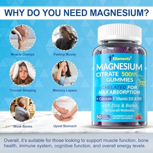 Sugar Free Magnesium Citrate Gummies 500mg for Women Men, Chelated Magnesium Supplement with B6 for Constipation | Calm Magnesium Gummies for Mood | Calcium Magnesium Zinc D3 for Bone & Muscle, 60cts - görsel 11