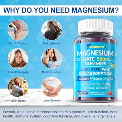 Sugar Free Magnesium Citrate Gummies 500mg for Women Men, Chelated Magnesium Supplement with B6 for Constipation | Calm Magnesium Gummies for Mood | Calcium Magnesium Zinc D3 for Bone & Muscle, 60cts
