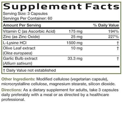 Bronson L-Lysine Defense Immune Support Complex 1500 MG L-Lysine Plus Olive Leaf, Garlic, Vitamin C and Zinc - Non-GMO, 180 Vegetarian Capsules