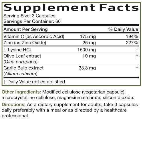 Bronson L-Lysine Defense Immune Support Complex 1500 MG L-Lysine Plus Olive Leaf, Garlic, Vitamin C and Zinc - Non-GMO, 180 Vegetarian Capsules - görsel 13