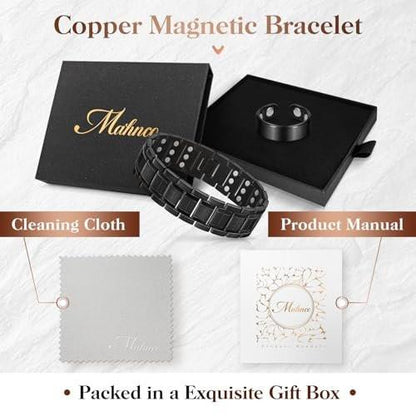 Mahnco Copper Bracelet for Men with Triple-Row Strong Magnets Magnetic Bracelets & Lymphatic Drainage Ring Set with Adjustable Sizing Tool, Magnetic Jewelry Gift (Black)