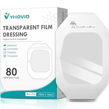 Transparent Film Dressing 4" x 4.75" Box of 80 - Waterproof Bandages for Swimming, Showering, Wounds, Post Surgical Shower or IV Shield, Tattoo Aftercare Bandage, Scar Therapy, Adhesive Patches