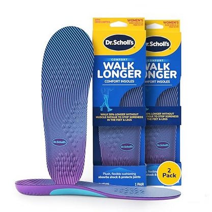Dr. Scholl's Walk Longer Insoles for Women - Comfortable Plush Foam Cushioning Inserts for Walking, Hiking, Standing on Feet All-Day with Arch Support - Walk 50% Longer Without Muscle Fatigue: 2 Pairs