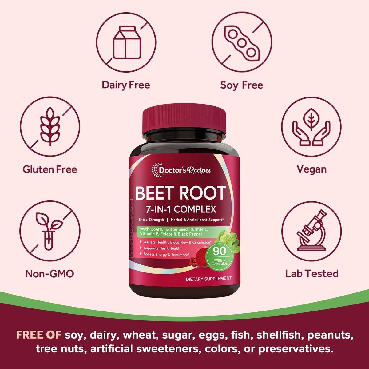 Doctor's Recipes Beet Root Capsules, Beet Root Extract with Grape Seed, CoQ10, Turmeric, Black Pepper for Enhanced Absorption, Supports Heart, Circulation, Energy & Nitric Oxide, Non-GMO, 90 Veg Caps - görsel 9
