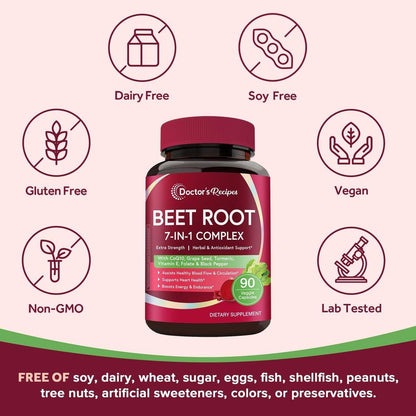 Doctor's Recipes Beet Root Capsules, Beet Root Extract with Grape Seed, CoQ10, Turmeric, Black Pepper for Enhanced Absorption, Supports Heart, Circulation, Energy & Nitric Oxide, Non-GMO, 90 Veg Caps