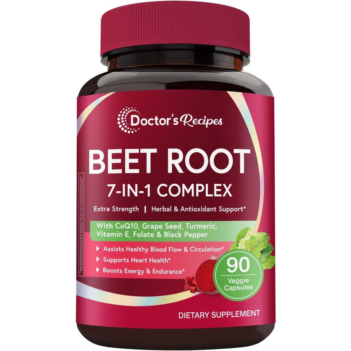 Doctor's Recipes Beet Root Capsules, Beet Root Extract with Grape Seed, CoQ10, Turmeric, Black Pepper for Enhanced Absorption, Supports Heart, Circulation, Energy & Nitric Oxide, Non-GMO, 90 Veg Caps - görsel 1