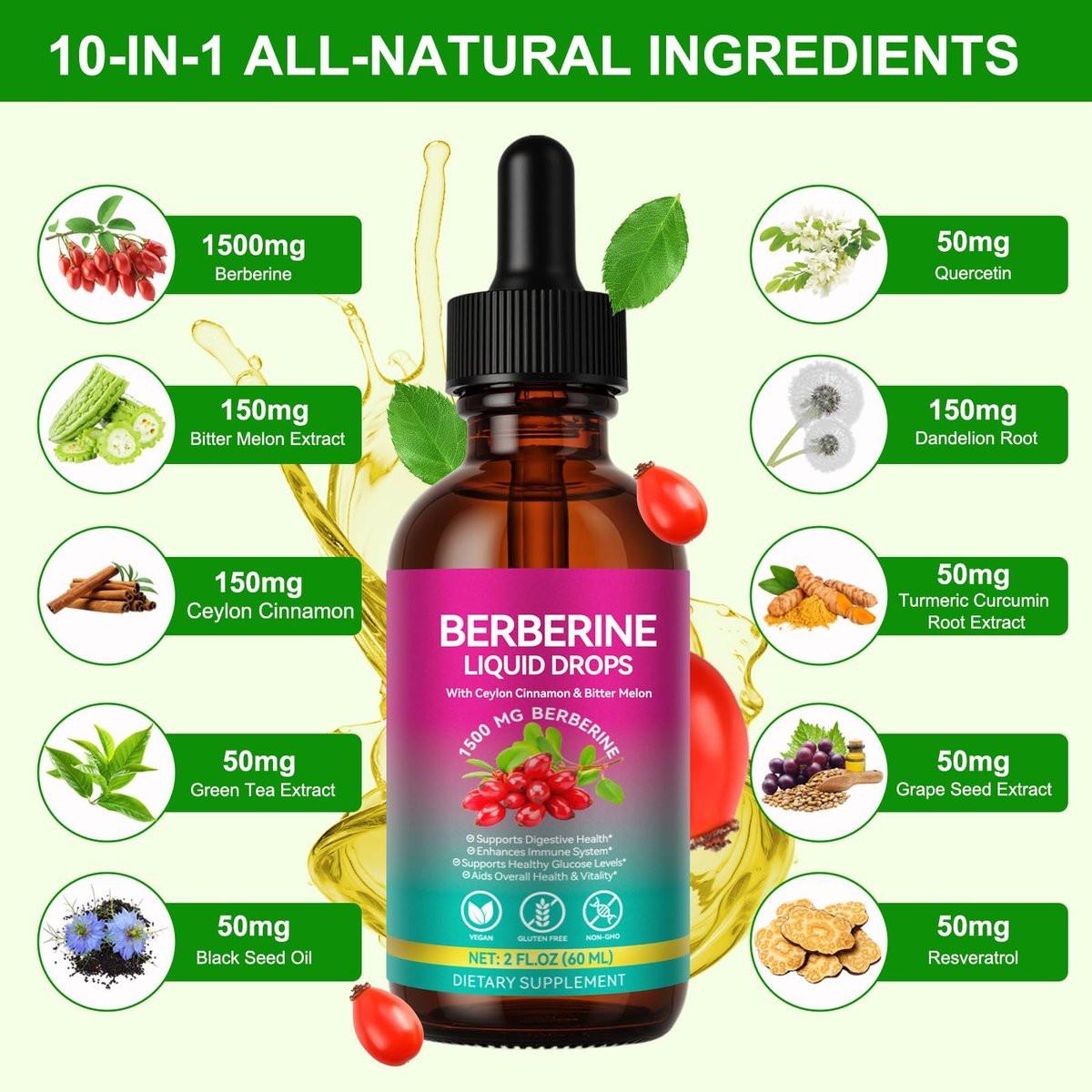 Berberine Supplement Liquid 60ml, Berberine with Ceylon Cinnamon, Berberine Drops with Turmeric Curcumin, Bitter Melon, Immune Support, Digestive Health Support - görsel 3