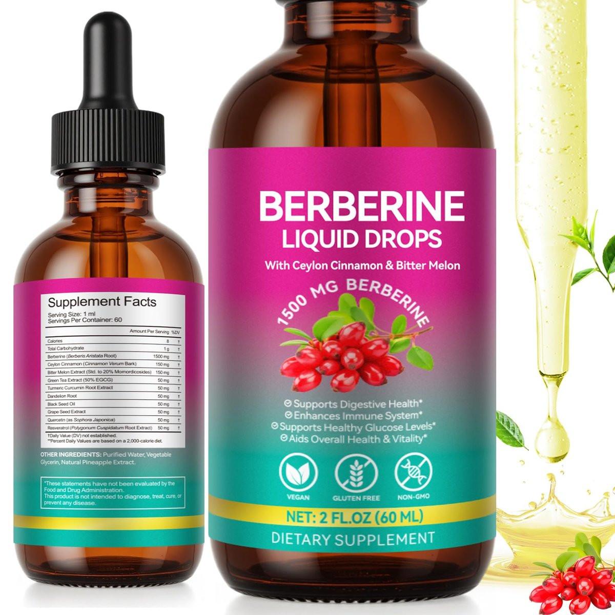 Berberine Supplement Liquid 60ml, Berberine with Ceylon Cinnamon, Berberine Drops with Turmeric Curcumin, Bitter Melon, Immune Support, Digestive Health Support - görsel 1