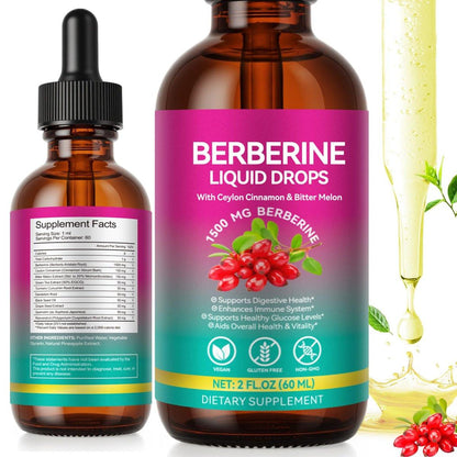 Berberine Supplement Liquid 60ml, Berberine with Ceylon Cinnamon, Berberine Drops with Turmeric Curcumin, Bitter Melon, Immune Support, Digestive Health Support