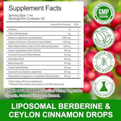Berberine Supplement Liquid 60ml, Berberine with Ceylon Cinnamon, Berberine Drops with Turmeric Curcumin, Bitter Melon, Immune Support, Digestive Health Support