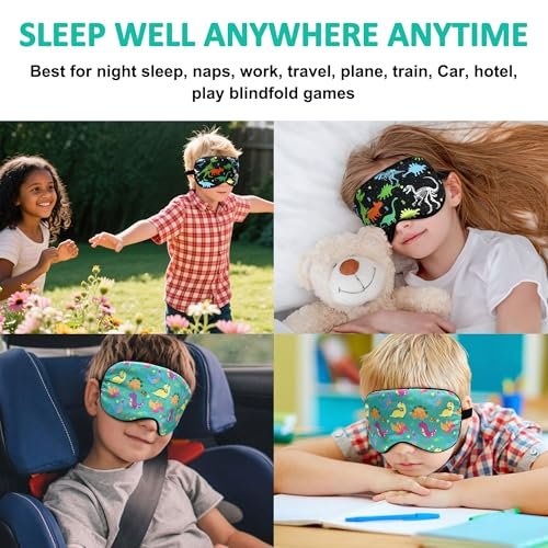 2 Pcs Sleep Mask, Cute Dinosaur World Blackout Sleeping Mask for Kids Teen, Funny Eye Mask with Adjustable Strap for Home Party Children's Travel Soft Eye Cover Blindfold (Black+Green) - görsel 8