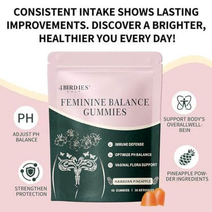 4 BIRDIES GOLF Premium Feminine Balance Gummies for Women's Health, Hawaiian Pineapple Gummies for Women Vaginal Probiotic & pH Balance Support - Vegan - Healthy Odor - Gluten-Free - 60 Count