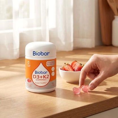 Biobor (2 Pack) Natural Vitamin D3 K2 Gummies, 5000 IU Vitamin D3 & 100 mcg Vitamin K2, Supports Healthy Bone, Immune Health Supplement, No Sugar Added, GMO Free, Gluten Free (Strawberry, 180 Count)