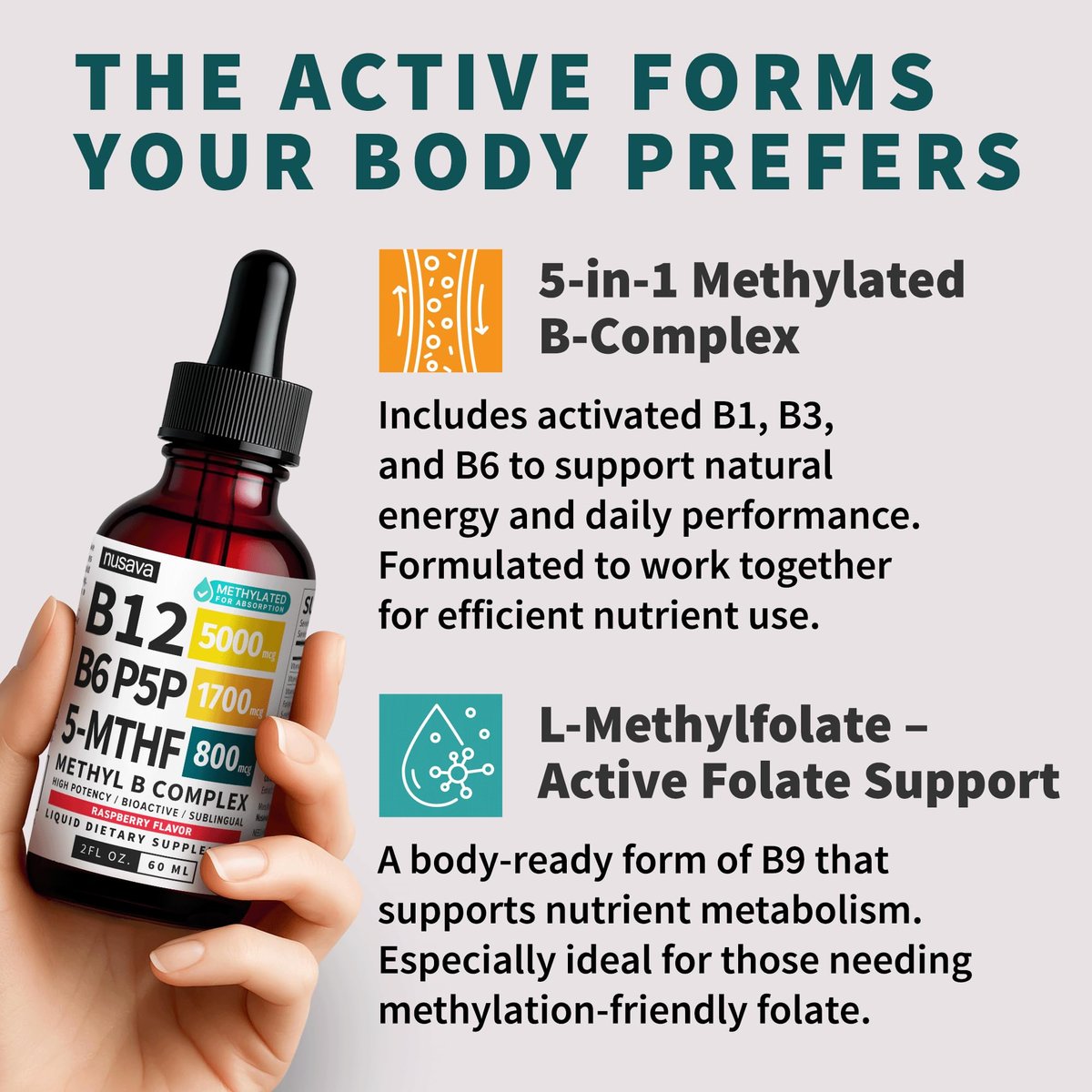 (2-Pack) Methylated B Complex Liquid Drops - Vitamin B Complex with Active L Methylfolate - B12 Sublingual Drops - Vegan B12 Vitamin 5000mcg, Non-GMO, Raspberry Flavor, No Sugar, 2 Fl oz, 80 Servings - görsel 13