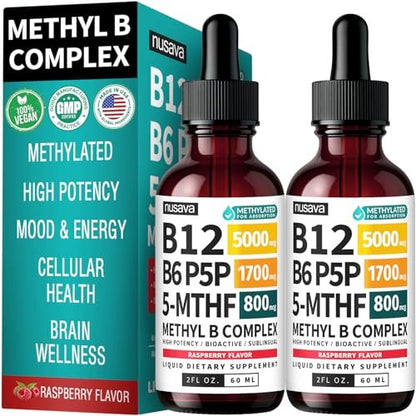 (2-Pack) Methylated B Complex Liquid Drops - Vitamin B Complex with Active L Methylfolate - B12 Sublingual Drops - Vegan B12 Vitamin 5000mcg, Non-GMO, Raspberry Flavor, No Sugar, 2 Fl oz, 80 Servings